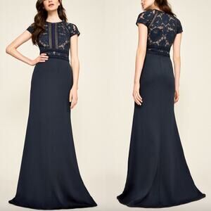 NWT‎ Tadashi Shoji Stana Lace Bodice Crepe A-Line Gown in Navy Blue, Size 6